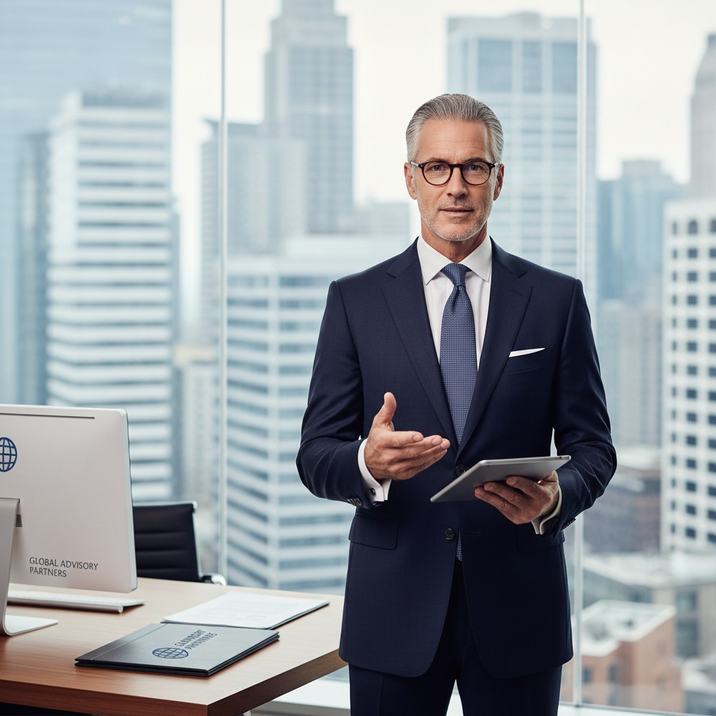 Hombre de unos 50 años con gafas y pelo un poco bloanco pero con traje y corbata como para una asesoria top. Hazlo real